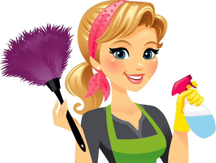 счастливая домохозяйка занимается уборкой в доме